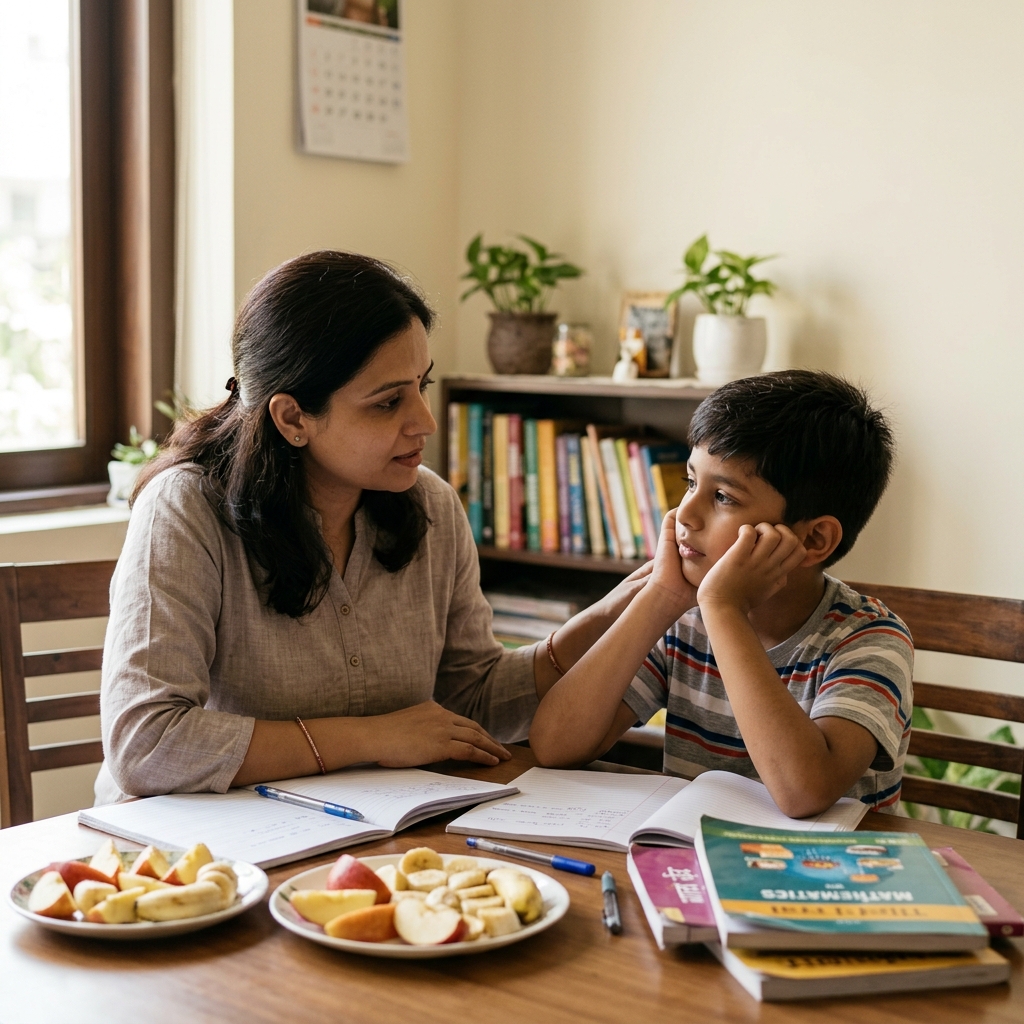 Indian mother showing concern for her tired 8-10 year old son sitting at a bright study table with open books